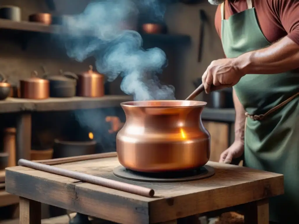 Un artesano martillea una olla de cobre italiana en su taller rústico, destacando el cuidado en utensilios de cocina italiana