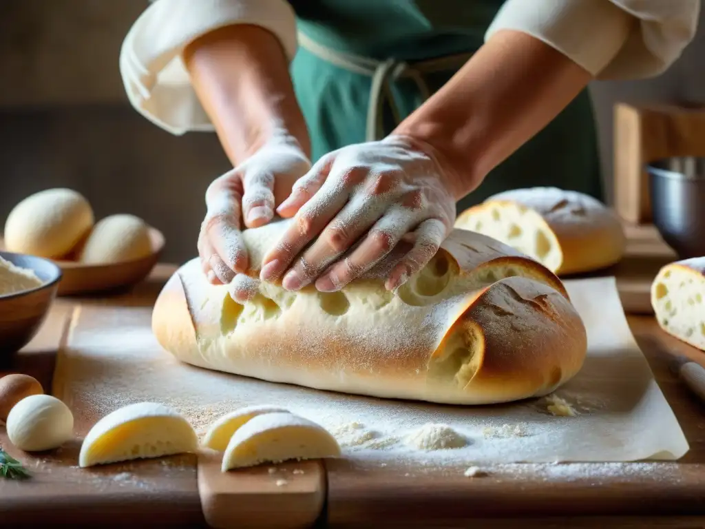 Un artesano panadero prepara masa de ciabatta en una escena cálida y auténtica