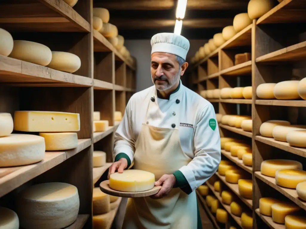 Artesano en Parma elaborando queso Parmesano, reflejando la cocina italiana tradicional