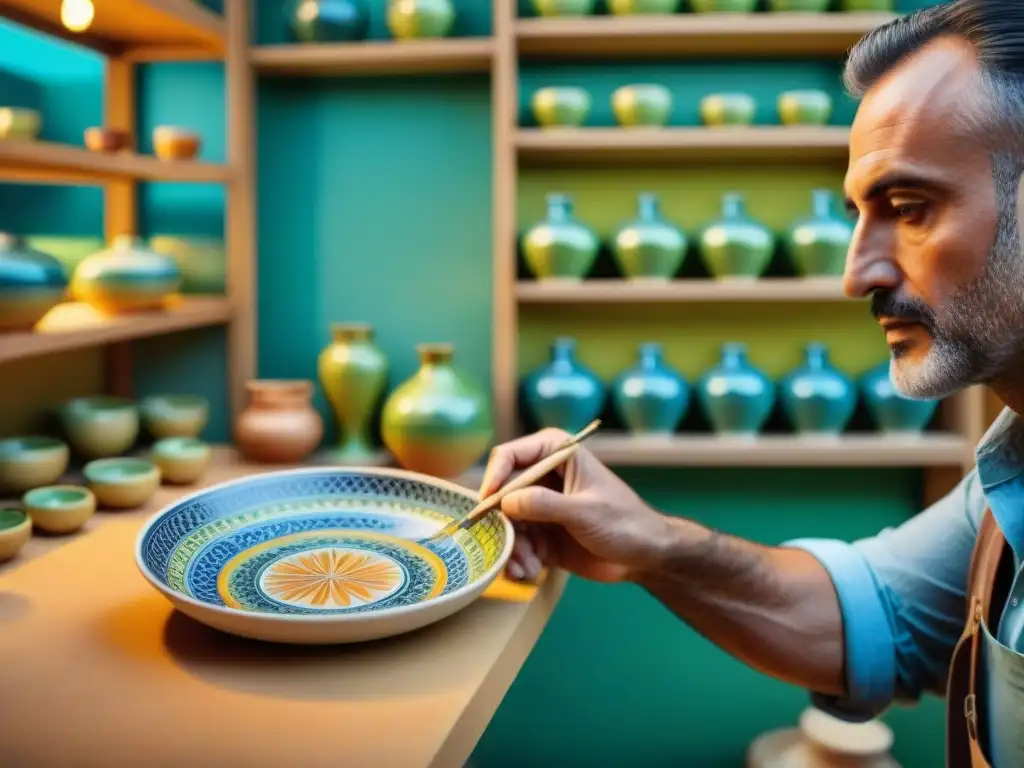 Un artesano en Caltagirone, Italia, pintando patrones sicilianos en plato de cerámica