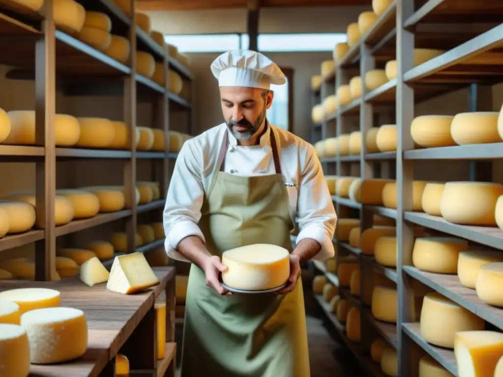 Artesano elaborando Pecorino Romano en fábrica tradicional