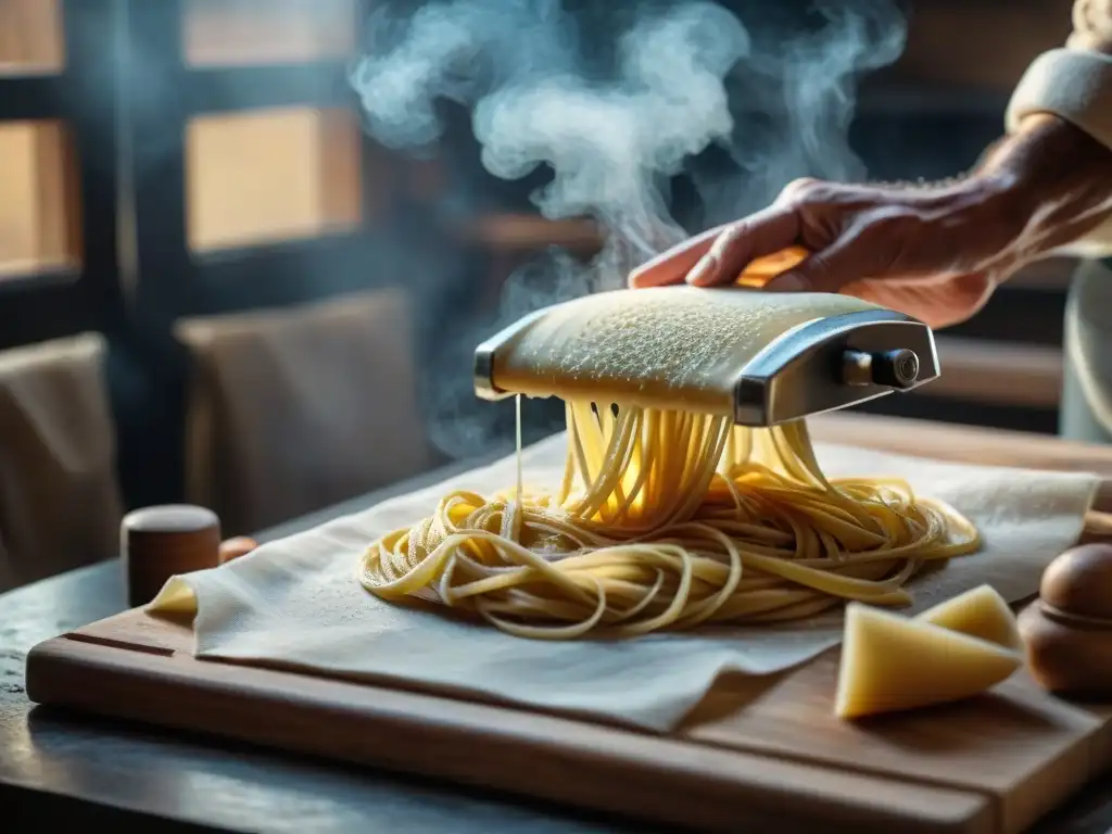 Hábil artesano alimentando la prensa de pasta italiana con masa fresca, resaltando la artesanía y la textura en una escena auténtica bajo luz suave