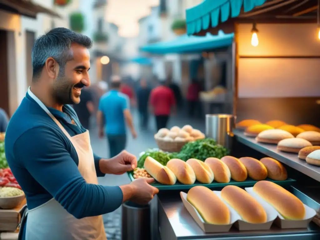 Un artesano preparando una Puccia Salentina en un mercado bullicioso de Salento, Italia, destacando la receta tradicional