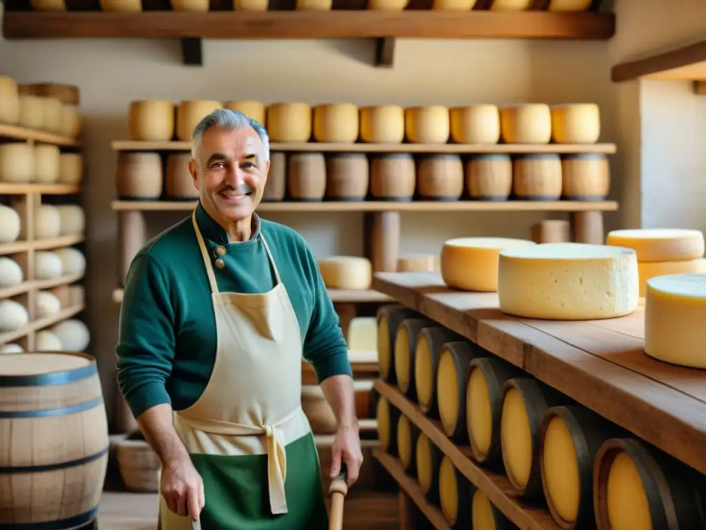 Artesano elaborando queso Asiago en antigua bodega de madera