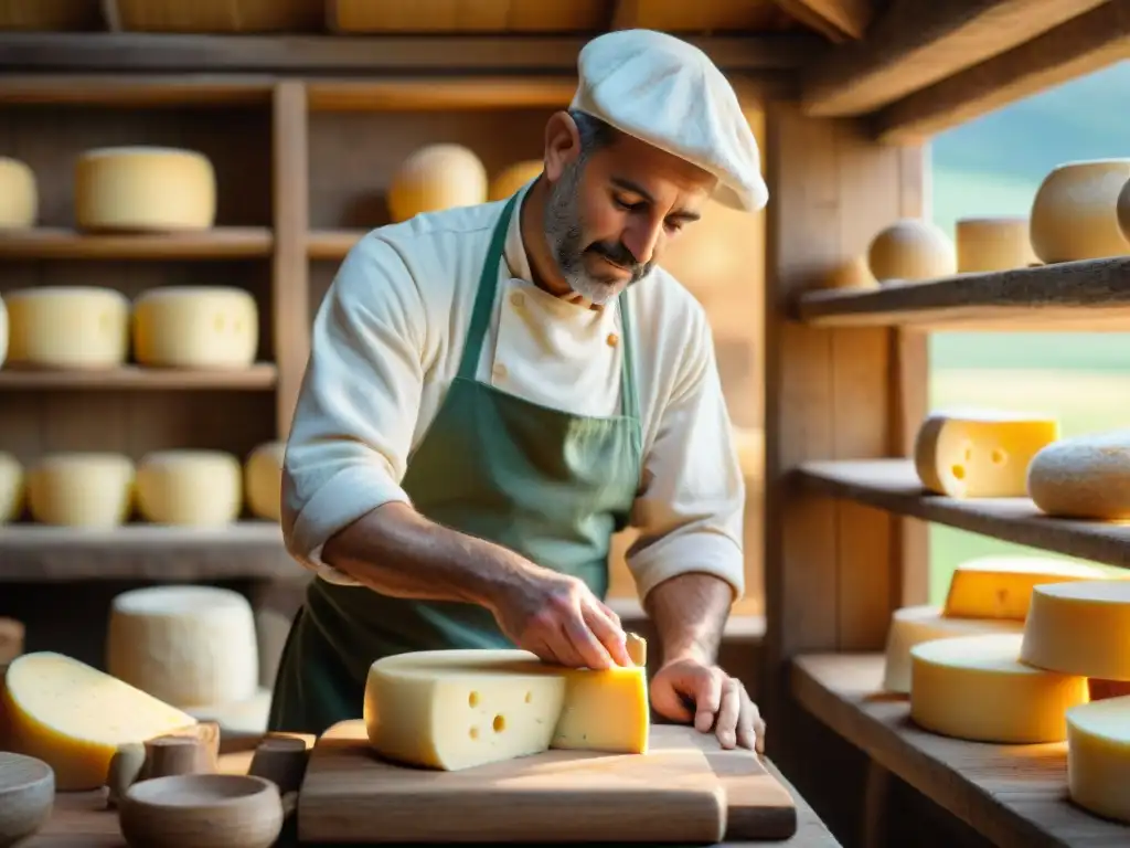 Artesano del queso Asiago: tradición italiana en detalle Artesano moldeando queso Asiago a mano en campo italiano