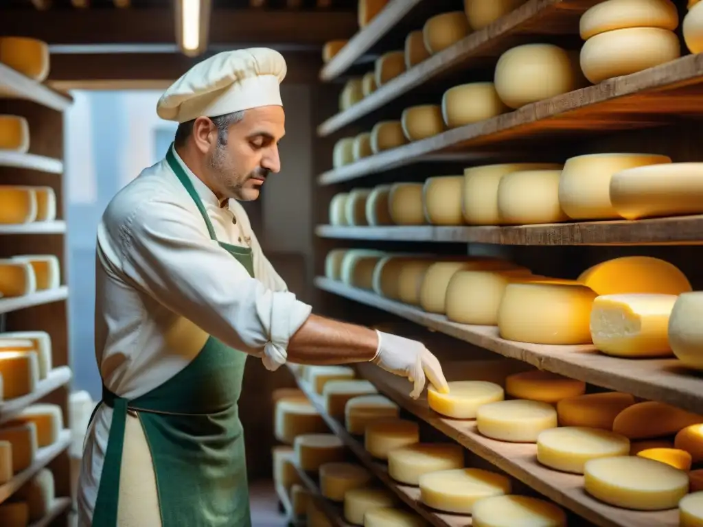 Artesano del queso Parmesano inspeccionando rueda en Italia