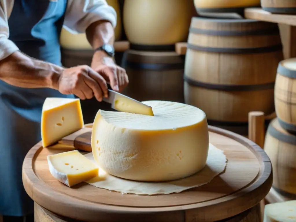 Artesano de quesos italianos tradicionales familia moldeando Parmigiano Reggiano