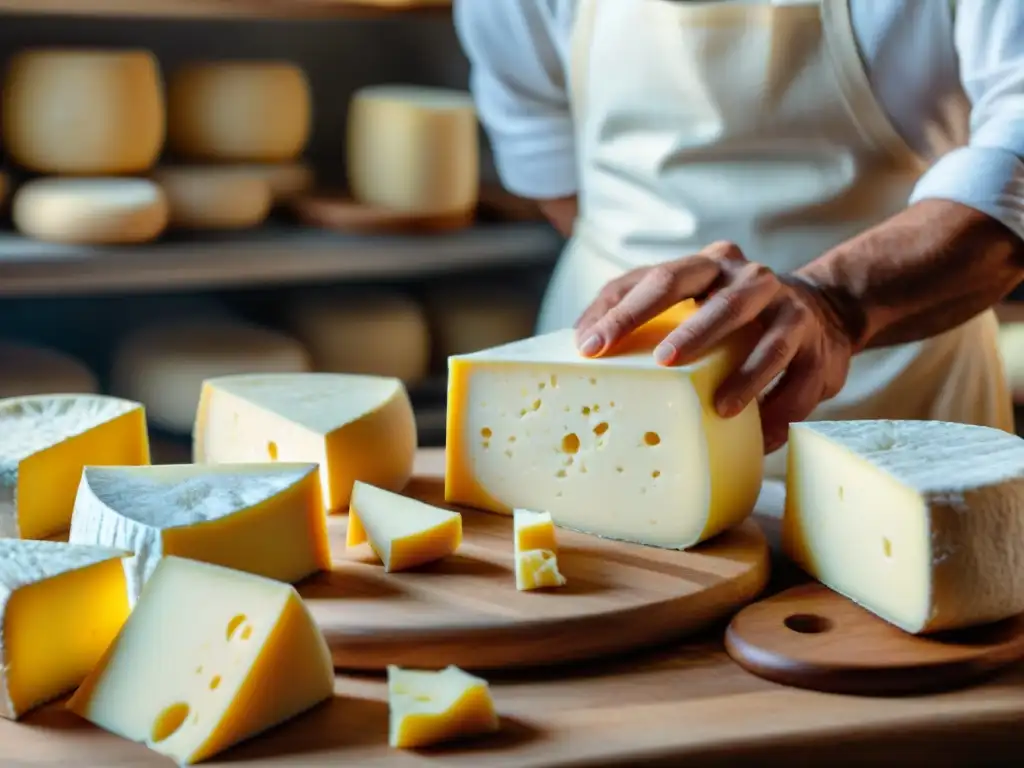 Artesano moldeando quesos veganos italianos sin lácteos con destreza, rodeado de herramientas tradicionales y paisaje rústico