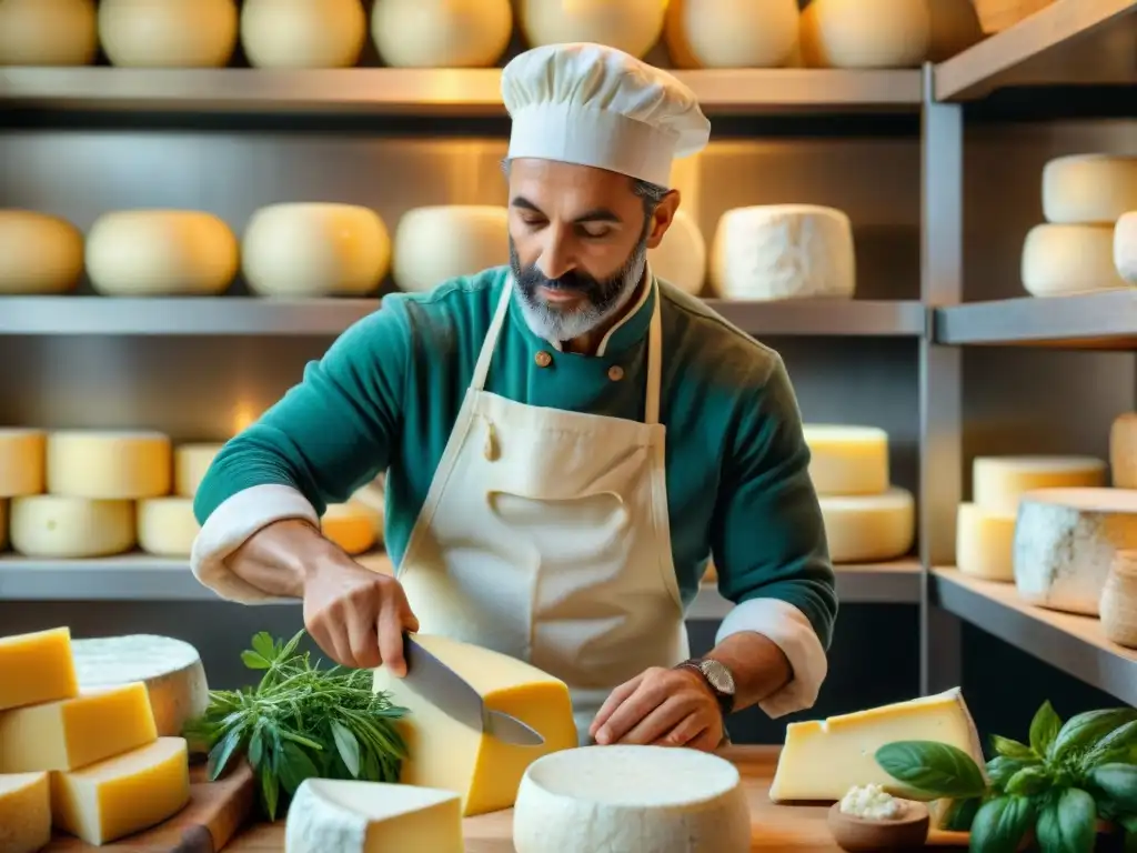 Un artesano elabora quesos veganos italianos sin lácteos en una cocina rústica, evocando tradición e innovación