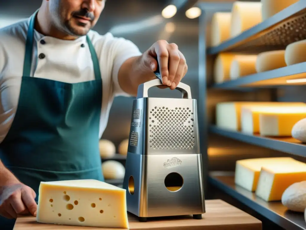 Un artesano crea un rallador de queso italiano personalizado con acero inoxidable premium