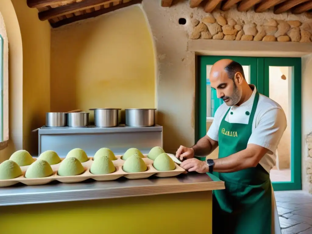 Artesano siciliano preparando gelato de pistacho con receta tradicional en tienda pintoresca