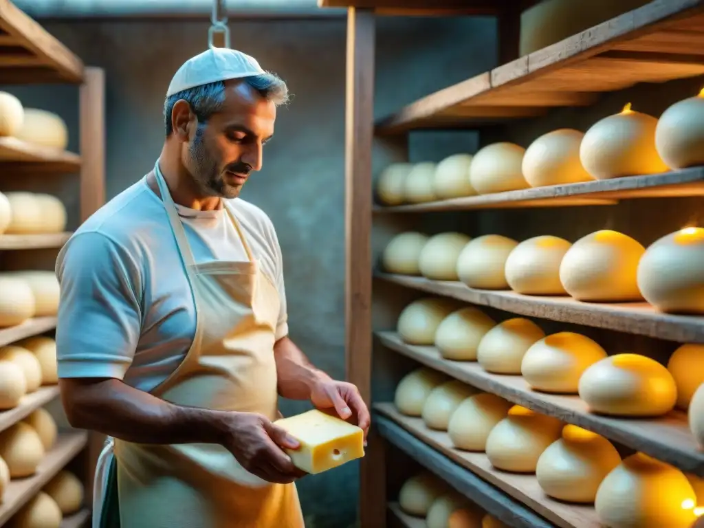 Un artesano del sur moldea y cuelga el Caciocavallo en una bodega iluminada, revelando la autenticidad del proceso de producción