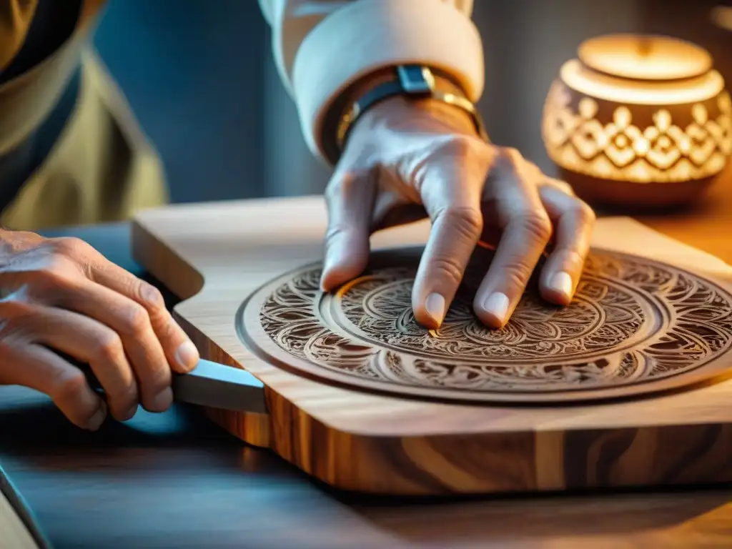 Un artesano en Italia talla con destreza diseños intrincados en una tabla de cortar de madera, mostrando la artesanía detrás de estas tablas de cortar italianas personalizadas