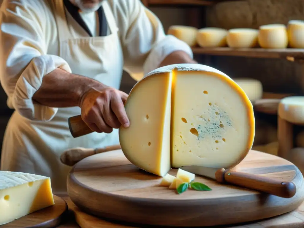 Hábil artesano toscano creando queso Pecorino, evocando tradición en la producción de quesos italianos menos conocidos