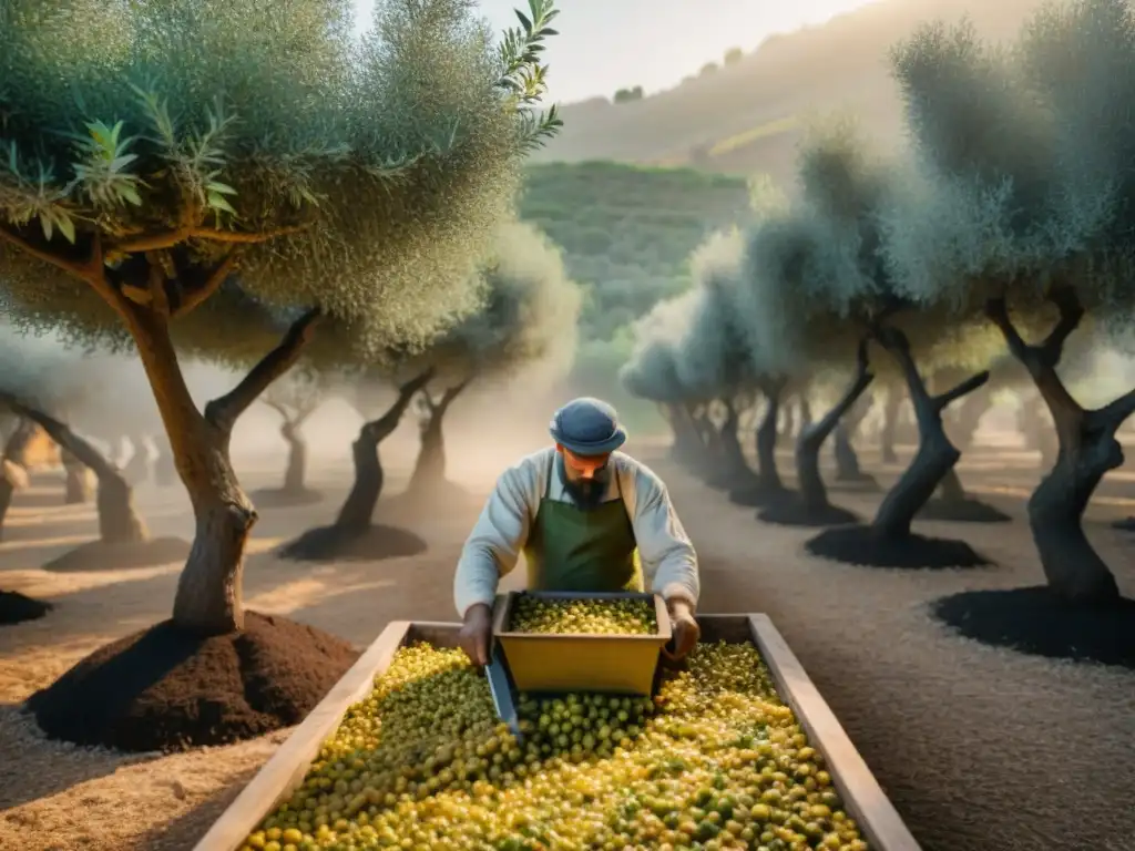 Artesanos recolectando aceitunas en molino andaluz bajo el sol mediterráneo, fusionando tradición y nuevas técnicas producción aceite oliva