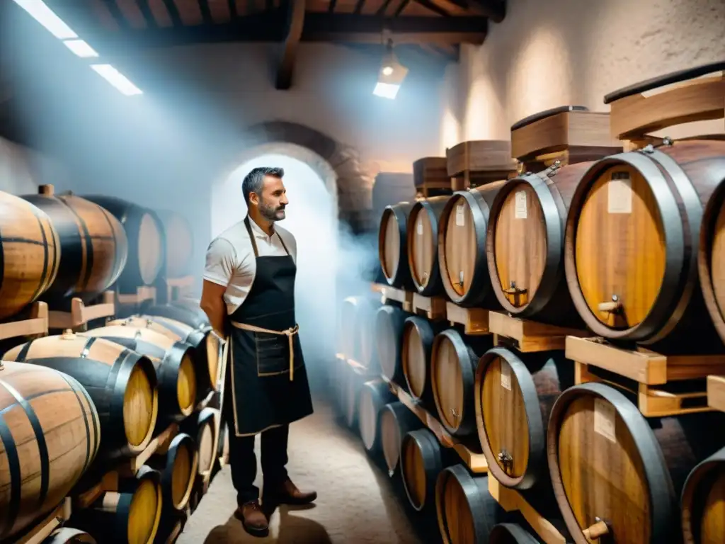 Artesanos inspeccionan barricas de vinagre en bodega italiana