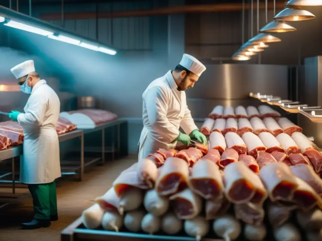 Artesanos en una fábrica tradicional italiana de Prosciutto di Parma, realizando el proceso de elaboración con cuidado y maestría