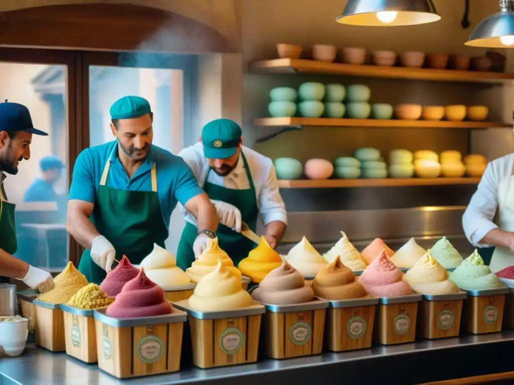 Artesanos elaborando gelato en una animada gelatería del siglo XIX en Italia