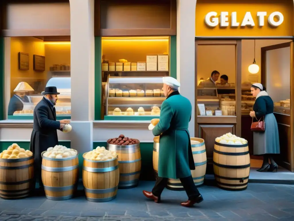 Artesanos elaborando gelato en una bulliciosa gelatería italiana del siglo XIX