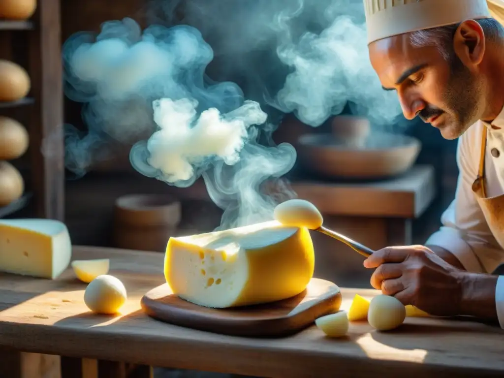 Artesanos moldeando Scamorza con humo: tradición italiana