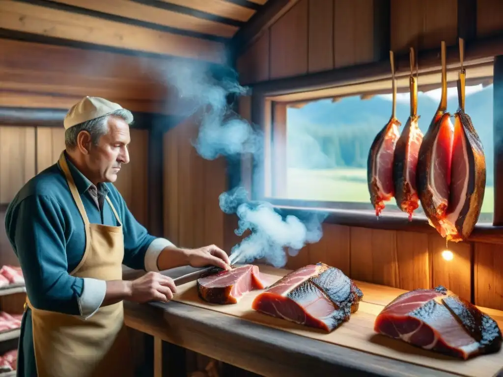 Artesanos preparando speck italiano gourmet en cabaña tradicional en Trentino-Alto Adige