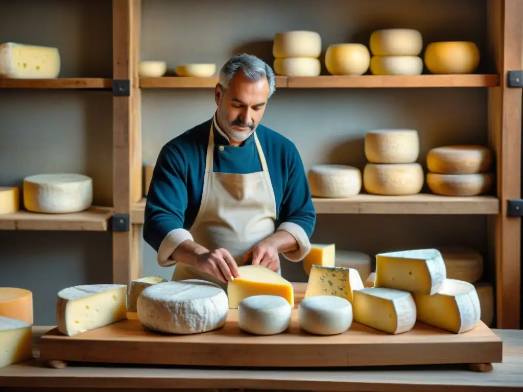 Artesanos italianos elaborando queso con detalle en taller rústico