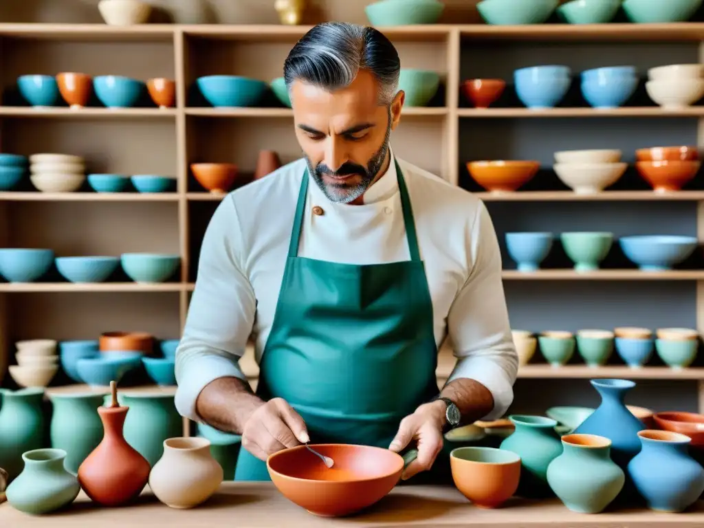 Artesanos italianos creando vajillas prestigiosas con diseños intrincados y colores vibrantes en un taller de cerámica