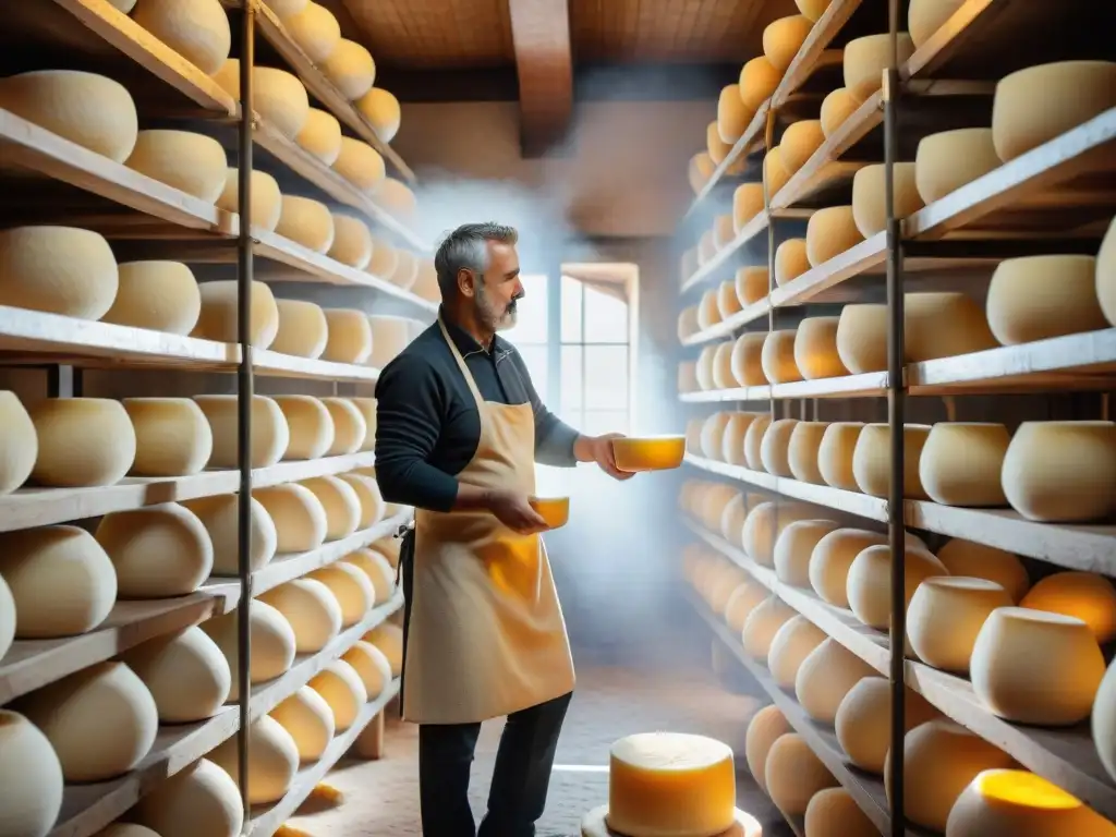 Artesanos elaborando Parmigiano Reggiano en una fábrica de quesos centenaria en EmiliaRomagna