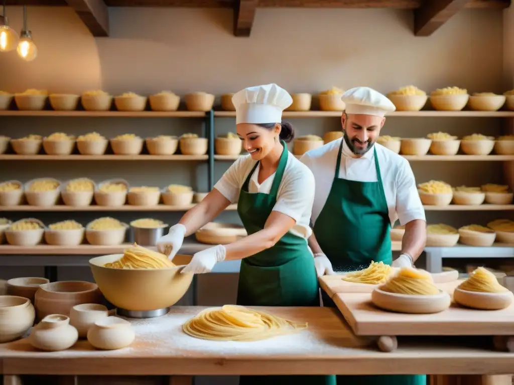 Artesanos creando pasta con ingredientes sostenibles para platos italianos en un taller tradicional