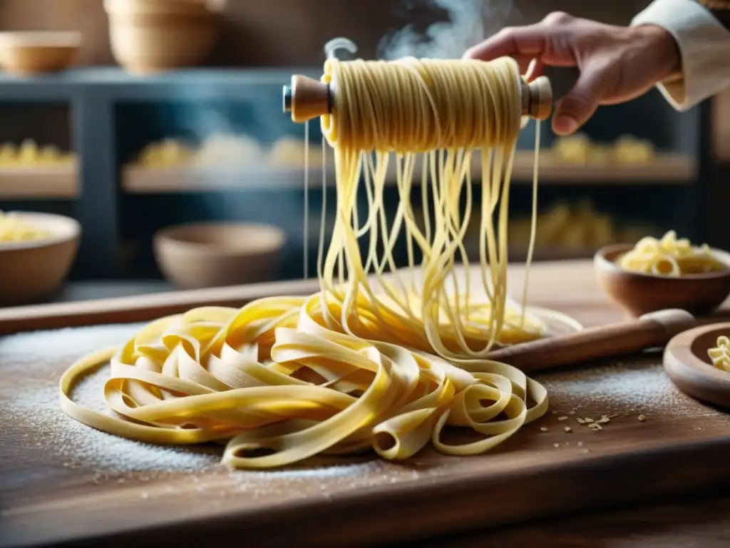 Artesanos de la pasta italiana DOP trabajando con precisión en taller tradicional