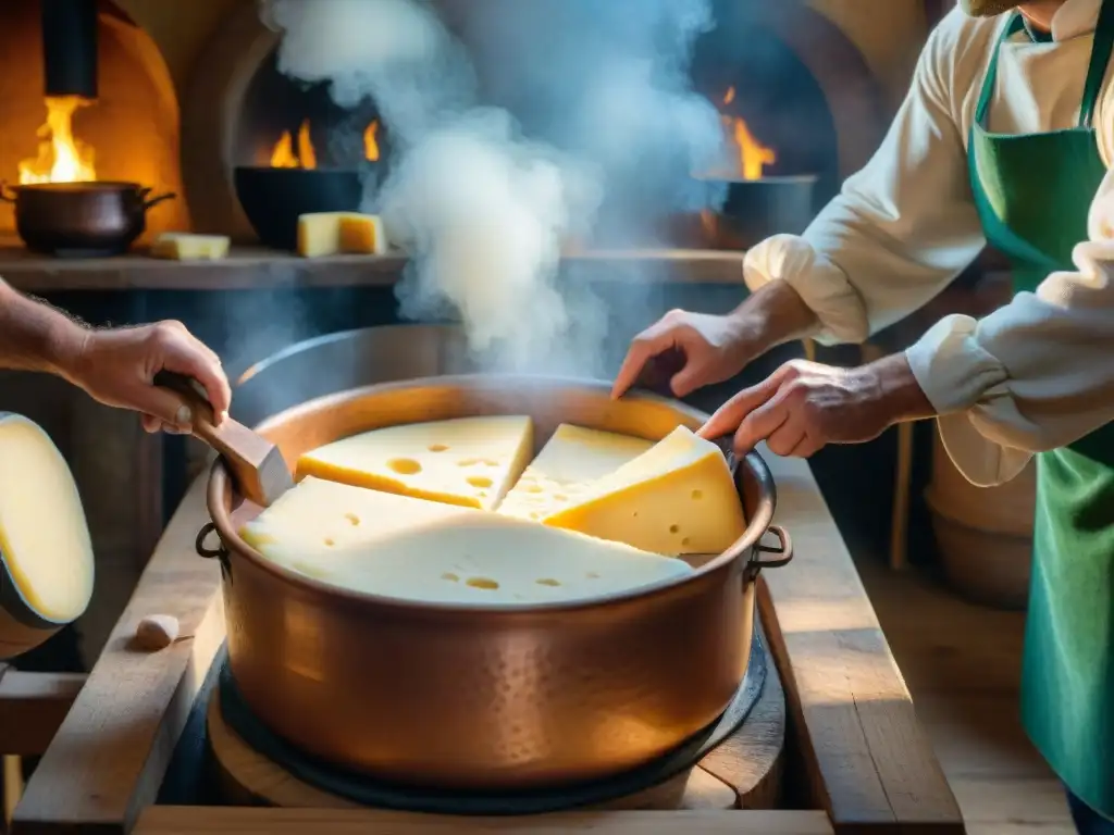 Artesanos haciendo queso Asiago en cocina rústica