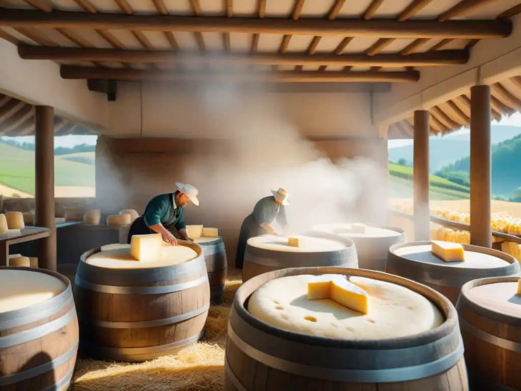 Artesanos cuidando vats de queso Asiago en granja tradicional en las colinas de Veneto