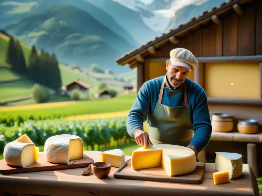 Artesanos elaboran Queso Montasio en los Alpes Julianos, con montañas nevadas al fondo