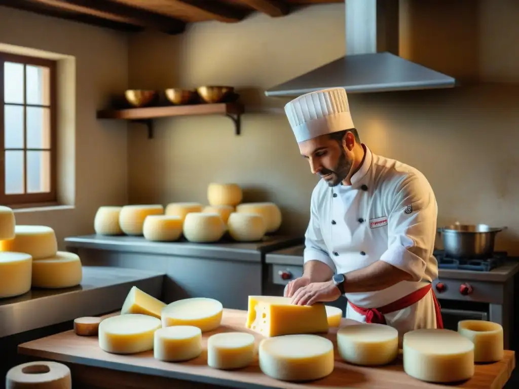 Artesanos preparando queso Parmesano en cocina italiana tradicional, Parma