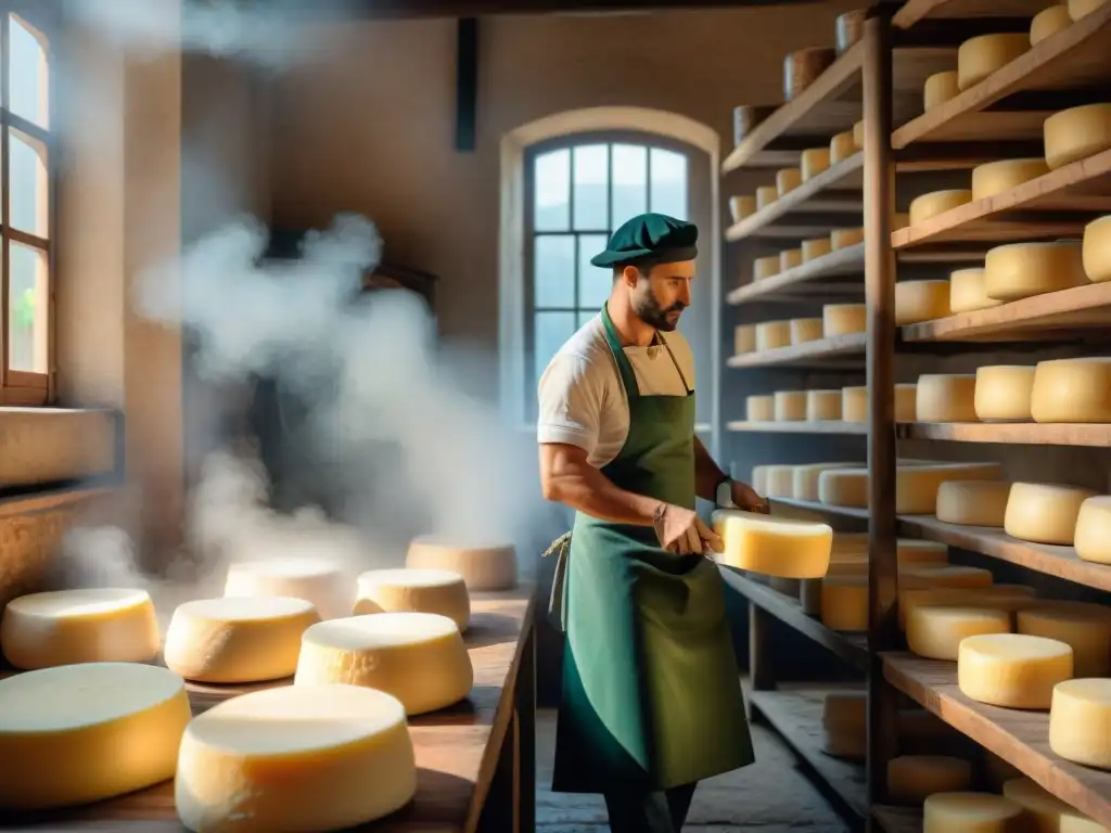 Artesanos elaborando queso Parmigiano Reggiano en granja italiana