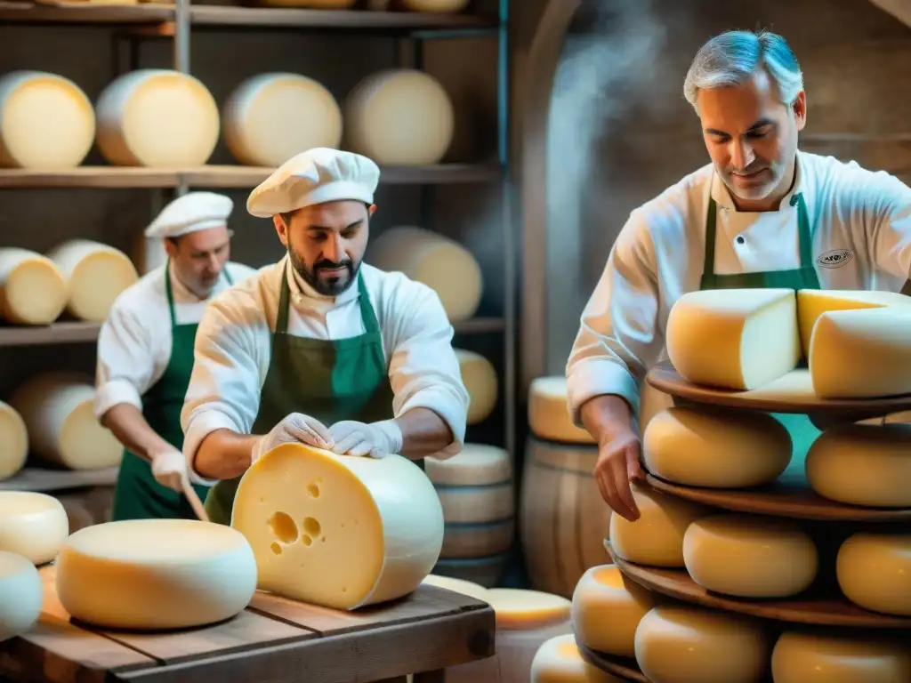 Artesanos del queso Parmigiano Reggiano en taller tradicional italiano