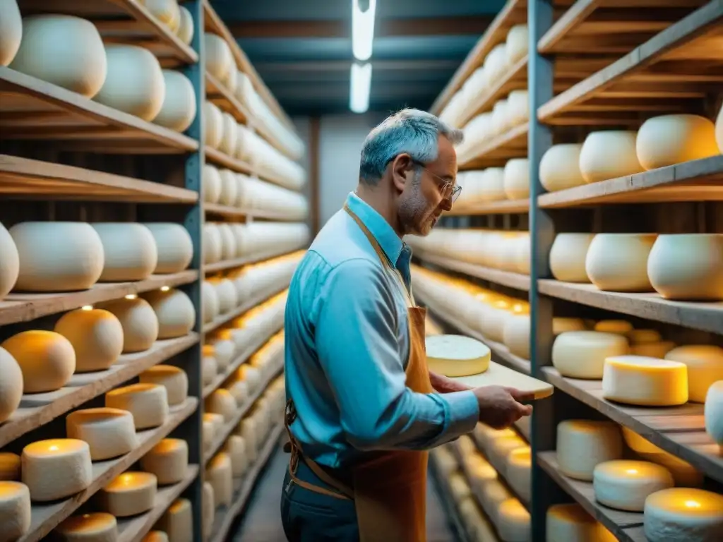 Artesanos inspeccionan y cuidan quesos Gorgonzola en bodega italiana