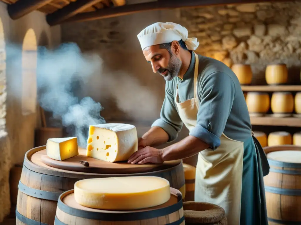 Artesanos elaborando quesos italianos en dieta mediterránea en escenario campestre pintoresco