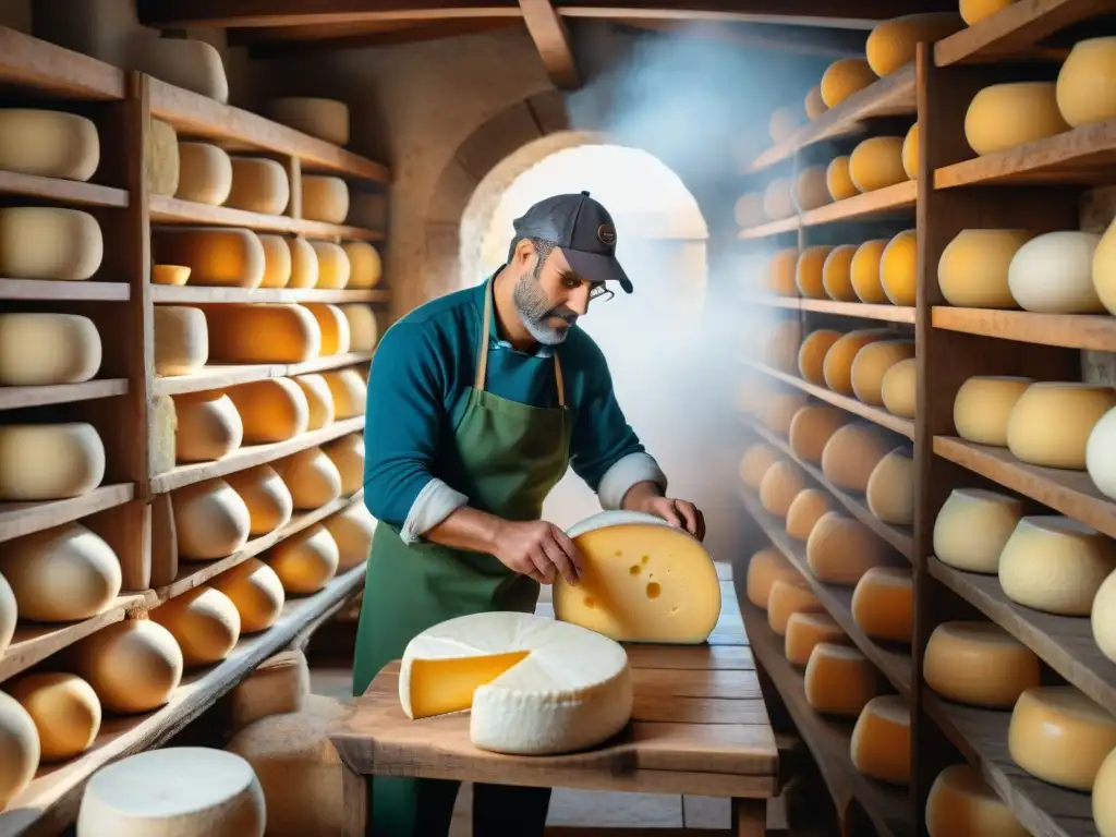 Artesanos creando quesos italianos en islas, rodeados de ruedas y herramientas de madera en una cálida luz dorada