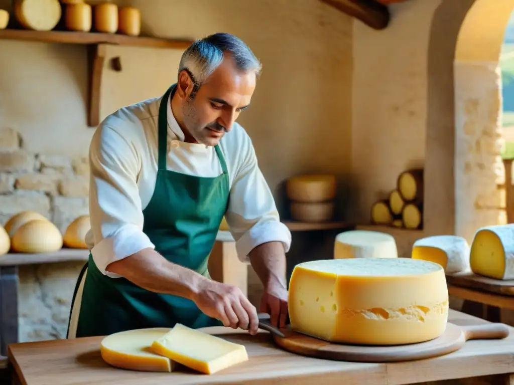 Artesanos elaborando quesos italianos tradicionales variedades en el campo pintoresco