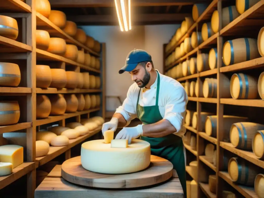 Artesanos crean quesos Parmigiano Reggiano en taller tradicional italiano para un futuro sostenible producción quesos italianos