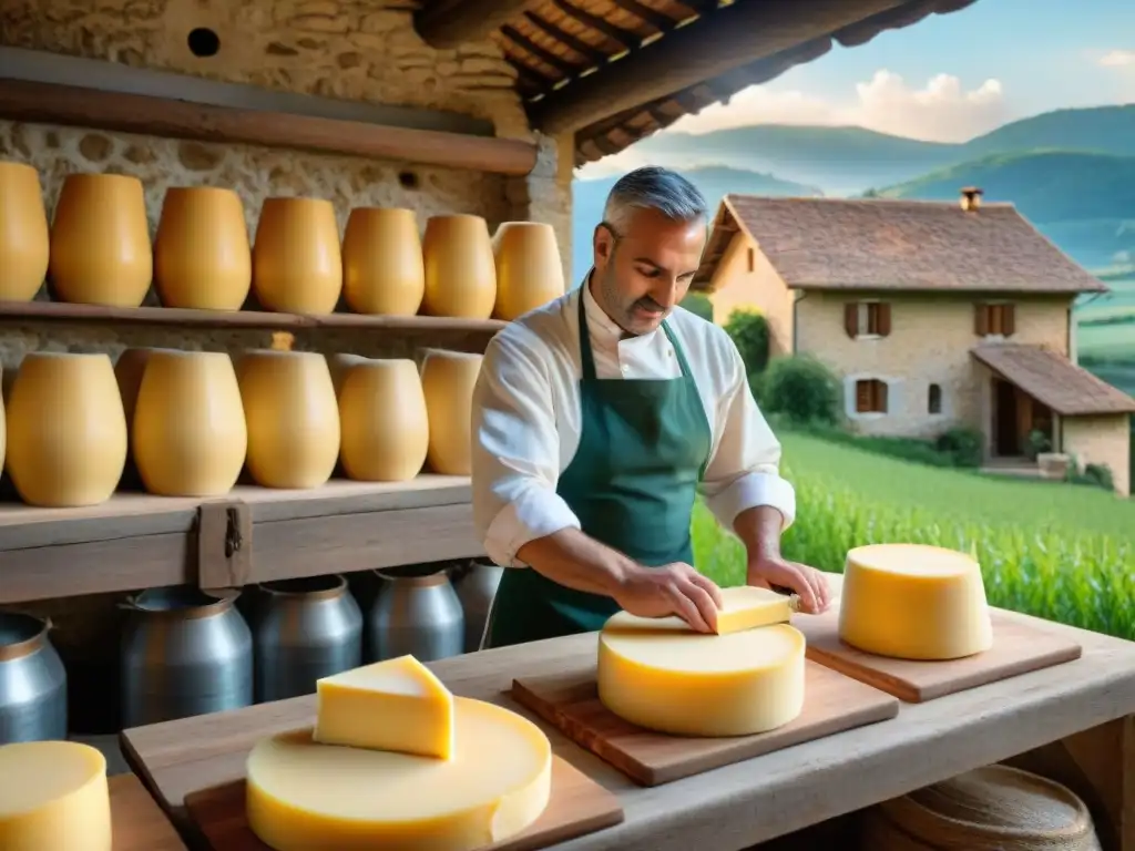 Artesanos elaborando ruedas de queso Grana Padano en granja italiana bajo el cálido sol