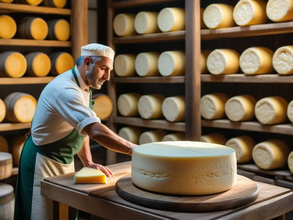 Artesanos cuidan ruedas de queso Piave en fábrica histórica veneciana