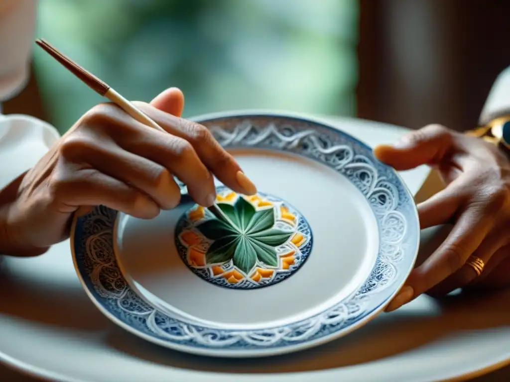 Artista pintando detalladas marcas de vajillas italianas prestigiosas en plato de porcelana