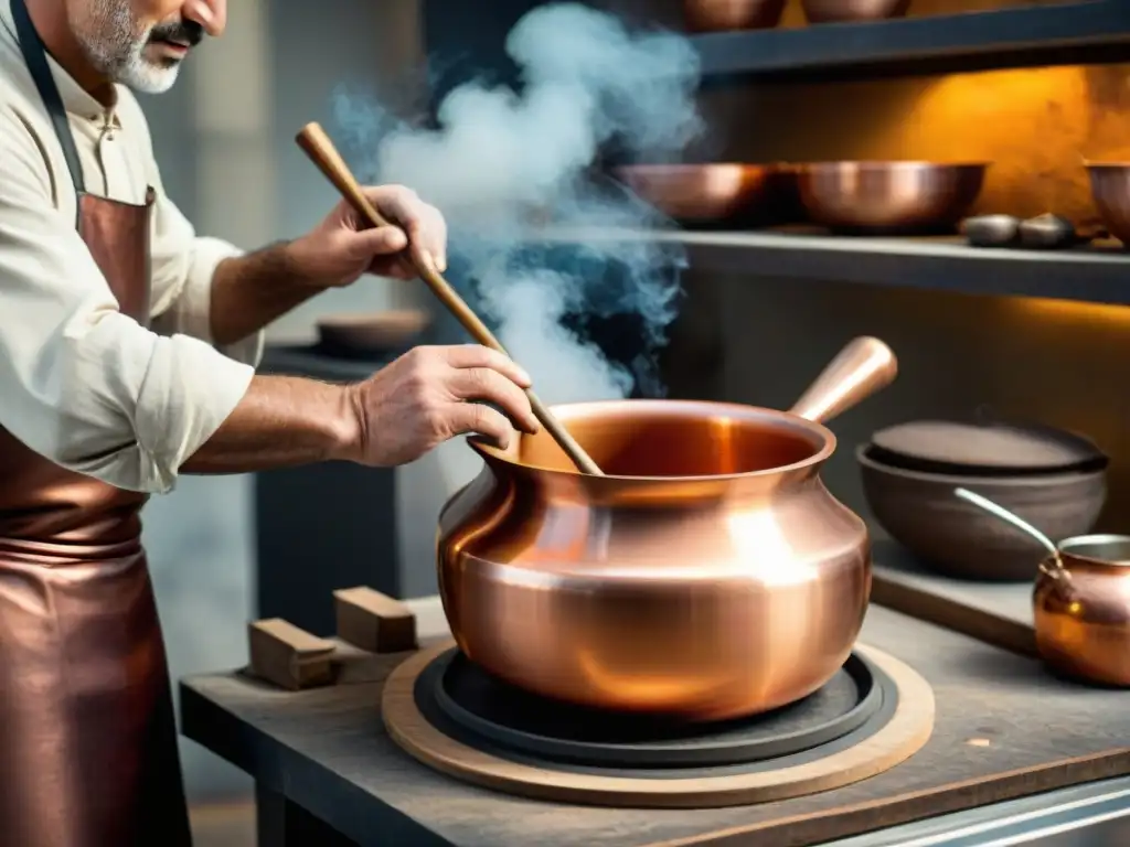 Artista italiano creando olla de cobre, reflejando la tradición en los utensilios cocina italiana