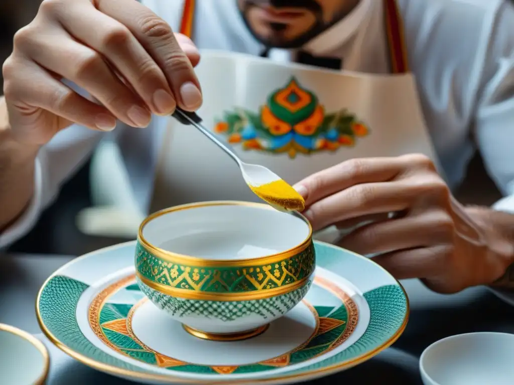 Artista pintando vajillas italianas de lujo personalizadas con destreza y detalle en porcelana fina