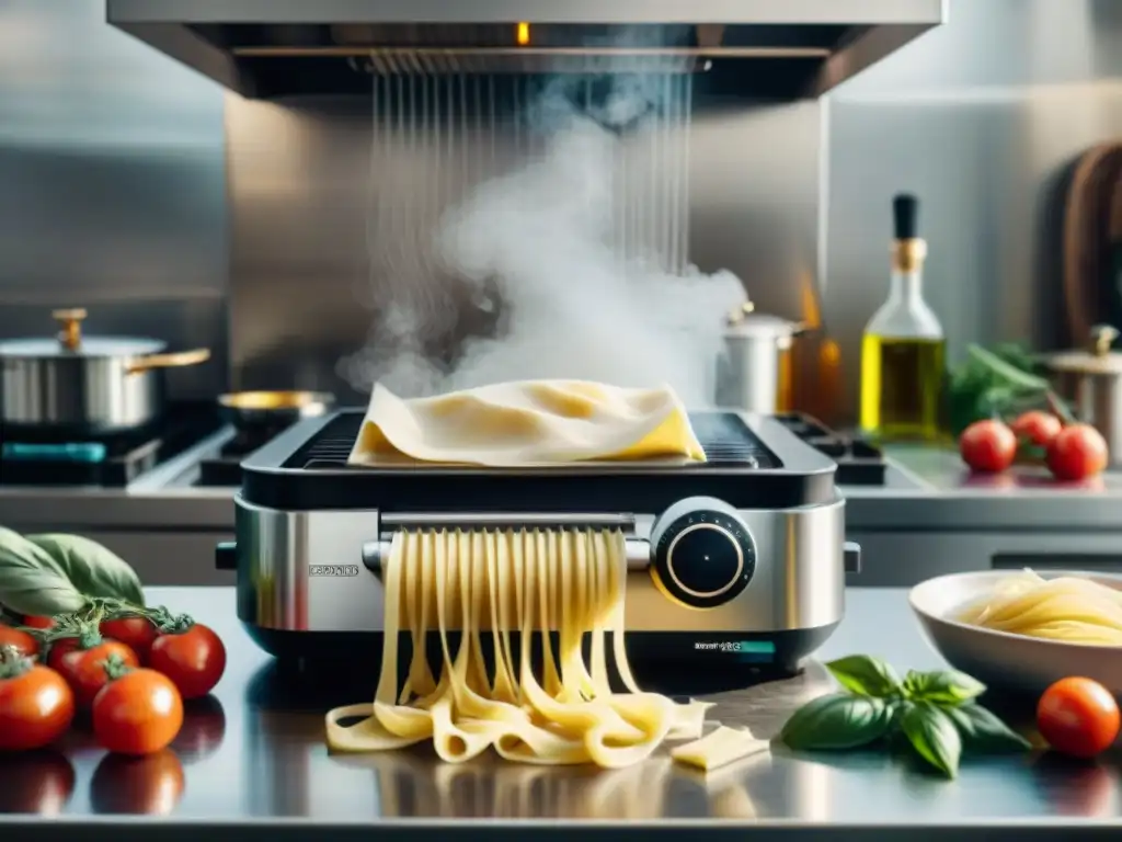 Un asistente de cocina robótico preparando pasta italiana rodeado de ingredientes frescos y utensilios vintage