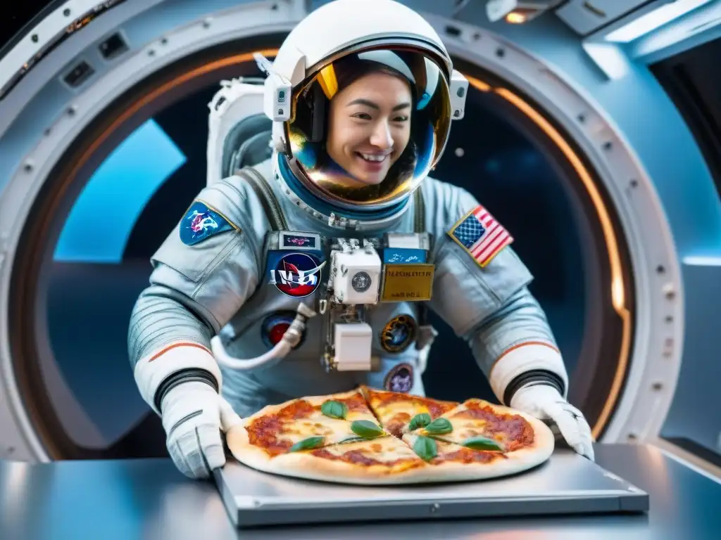 Astronauta preparando pizza italiana en el espacio, flotando en la Estación Espacial Internacional