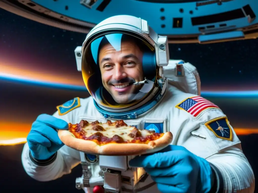 Astronauta disfruta pizza italiana en el espacio con vista a la Tierra