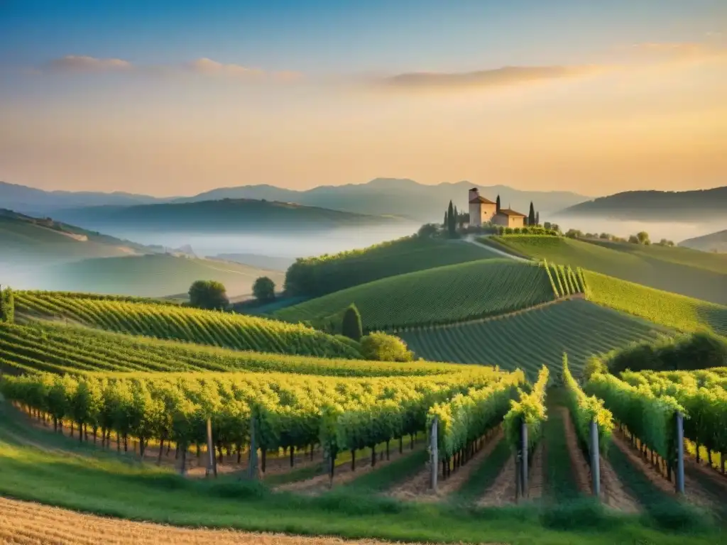 El atardecer baña los viñedos de Piamonte con una luz dorada, en armonía con la longevidad en la cocina italiana